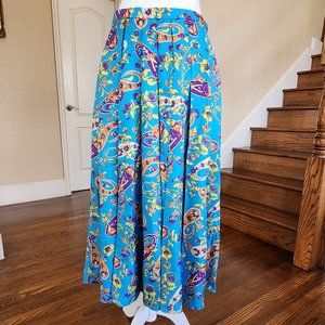 Ralph Lauren Collection Skirt Blue Paisley Pleated 100% Silk Midi Length Size 8